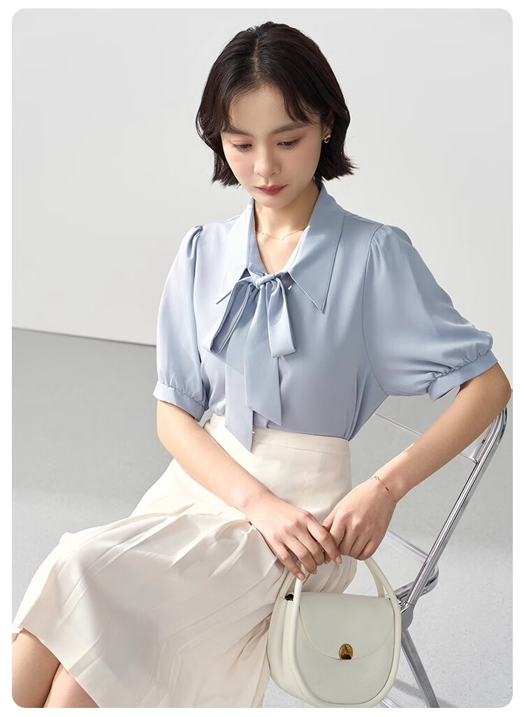 Bodexiaojie Blue Short-Sleeve Shirt for Women, Urban Daily Commute Outfit, Petite Chiffon Blouse, Interview Professional Shirt, Size S 19