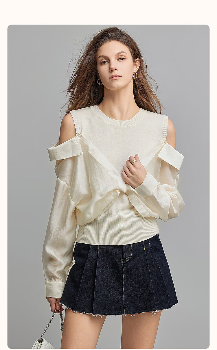 Dme [Sweet Cool C Position] Spring French Off-Shoulder Round Neck Design-Inspired Patchwork Sweater, Elegant Twisted Knit Top for Wome 2