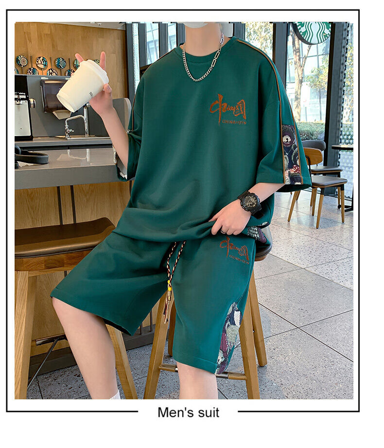 Zuofeili New Chinese-Style National Trend Casual Sports Set for Men, Summer Youth National Trend Ice Silk Short-Sleeve Shorts Outfit Two-Piece Set 15