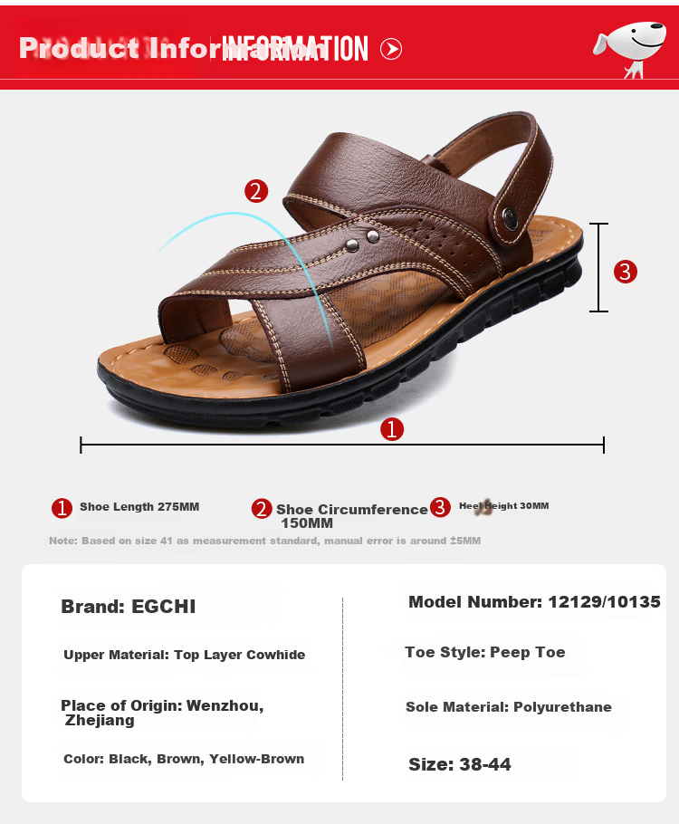 EGCHI Men's Sandals, Outdoor Slippers, Top-Grain Leather, Breathable Beach Shoes, 12129 Brown, Size 39 14