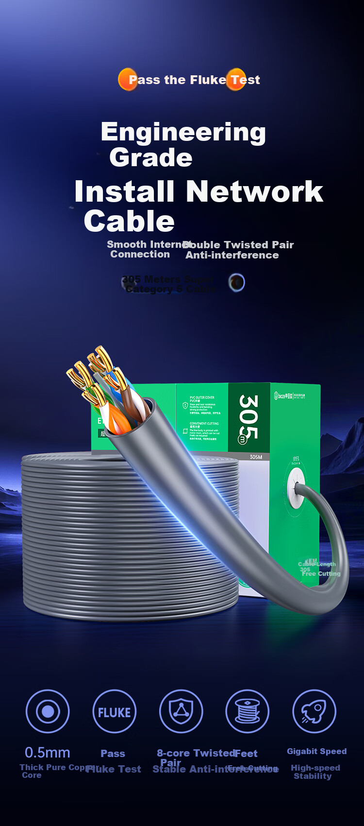 BIAZE CAT5e Ethernet Cable, Gigabit Engineering Grade [0.5±0.01mm Pure Copper Core], Unshielded UTP Engineering Home Installation Pure Copper POE Surveillance, 305 Meters, Orange 4