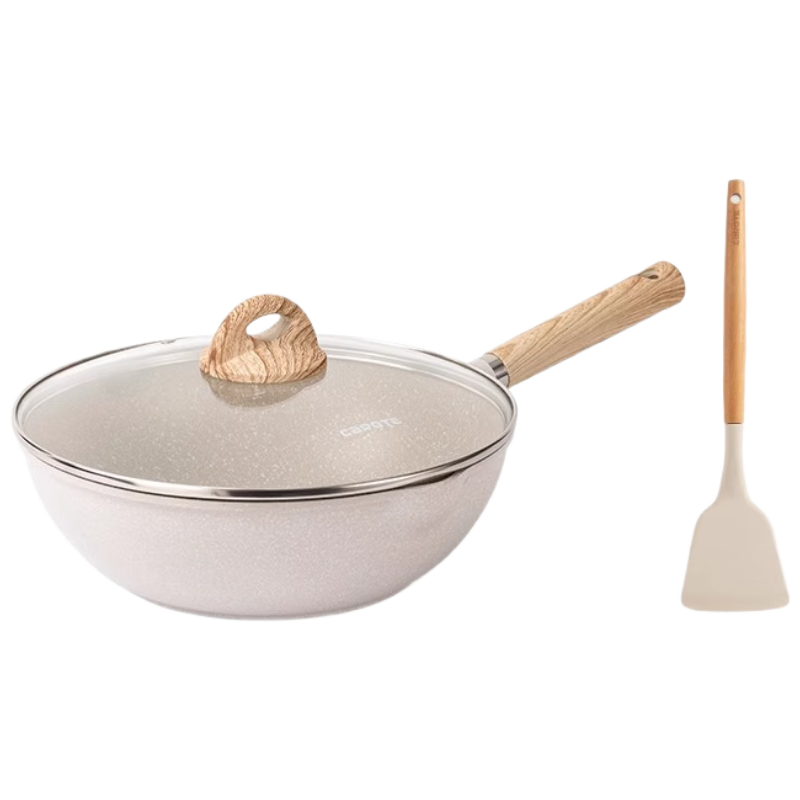 CaROTE Non-Stick Titanium Frying Pan Home Use Maifan Stone Wok Flat Bottom Pan Non-Stick Pan Induction Gas Stove 26cm Set