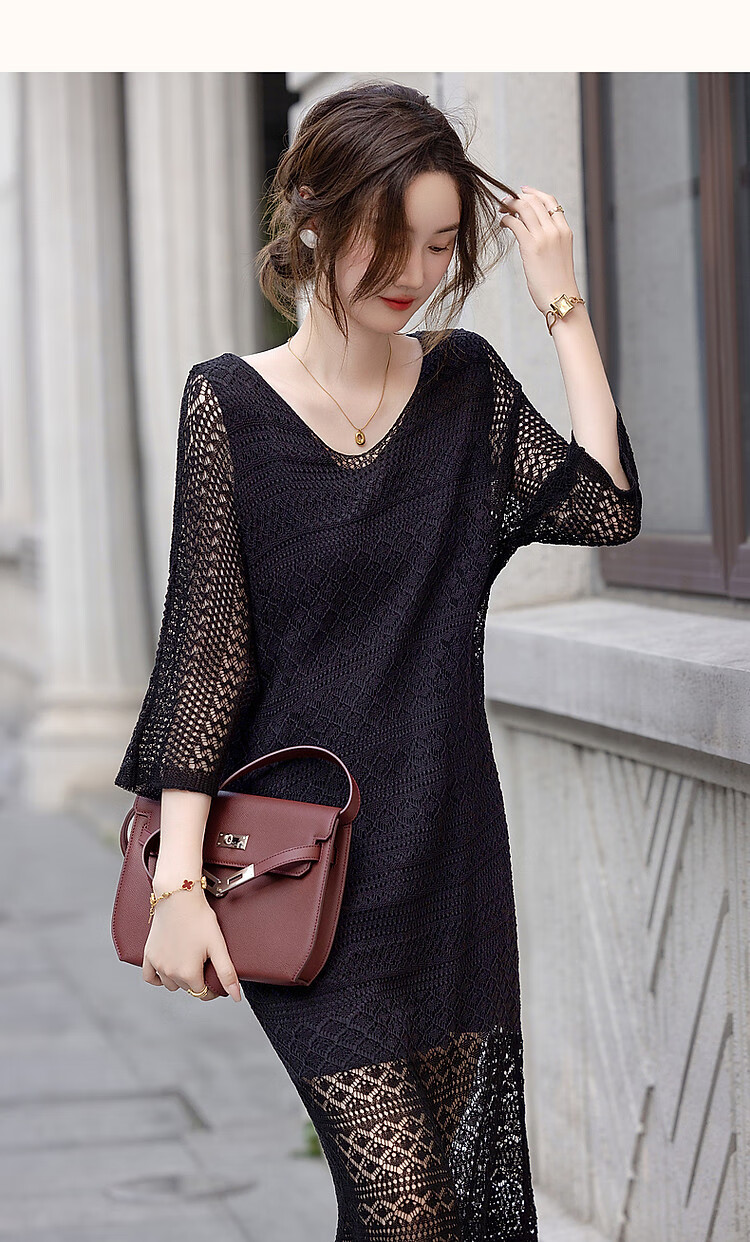 Dme [Black Spade Contract] Spring Elegant V-Neck Hollow-Out Mid-Sleeve Loose-Fitting Concealing Versatile Low-Key Women's Dress 6