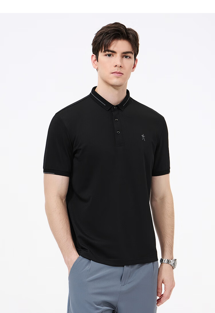 DANCING WOLVES [Mulberry Silk] Cool And Breathable Summer Commute Men's Short-Sleeve POLO Shirt, 001 Black, 2XL (185) 7
