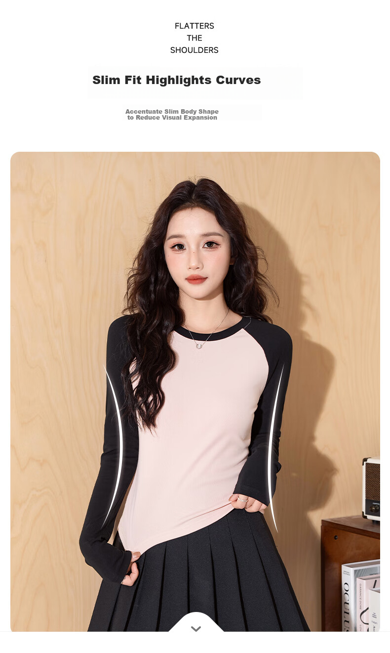 Baleno Slim-Fit Color-Block Long-Sleeve T-Shirt for Women, New Spring And Autumn 2025 Fashion Trendy Skin-Friendly Comfortable Breathable Versatile Top 10