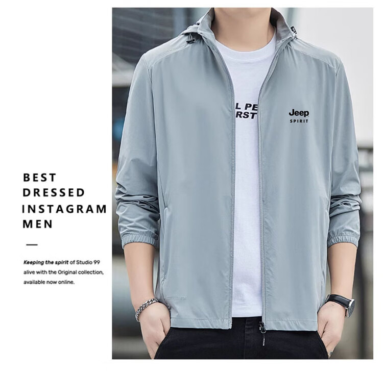 JEEP SPIRIT Men's UPF50+ Summer Ice Silk Outdoor UV Protection Sun Jacket Green Gray XL 10