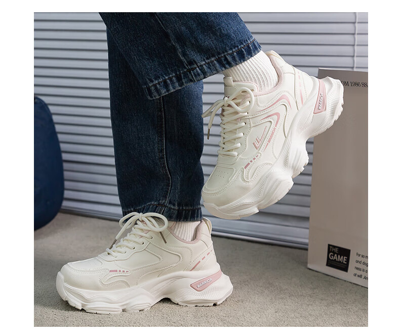 Warrior Women's Dad Sneakers 2026 Spring New Leather White Thick Sole Height Increasing Casual Sports Shoes 10