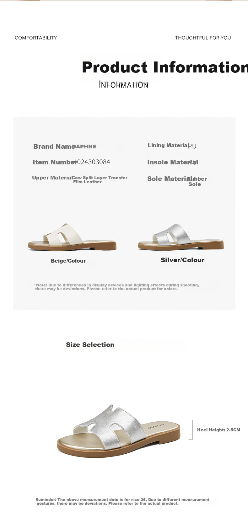 DAPHNE Women's Leather Slide Sandals, Comfortable Soft-Soled Home And Beach Shoes, Style 4024303084, Beige, Size 37 2