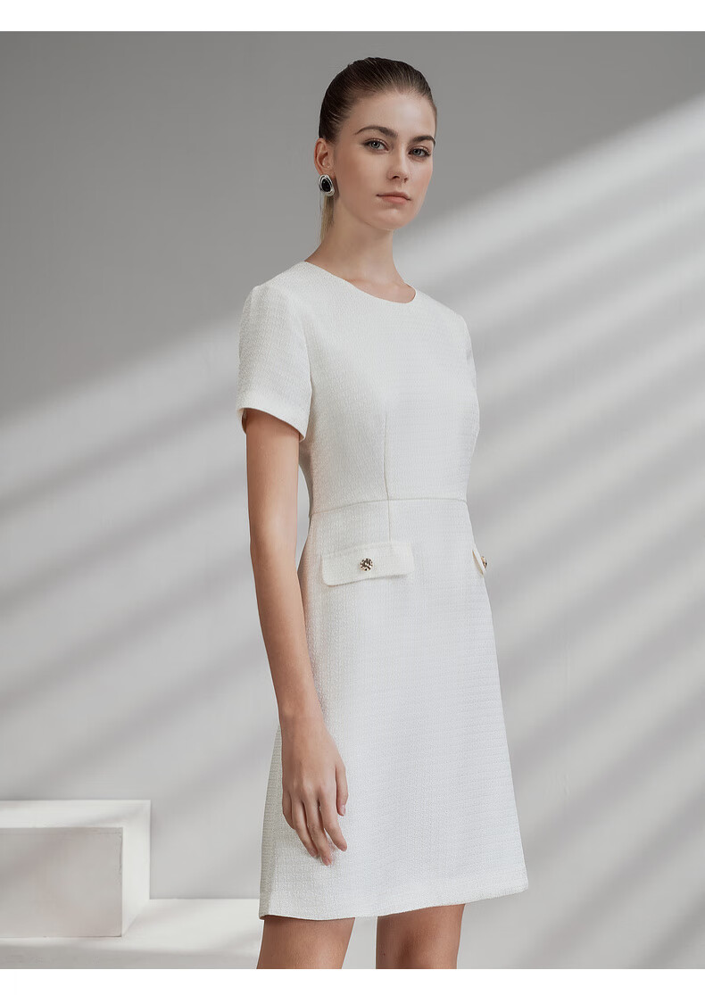 G2000 Coarse Floral Print/Mall-Matching Women's Clothing, Spring And Summer Elegant Chanel-Style Short-Sleeve Dress, Starlight White, L/38 10
