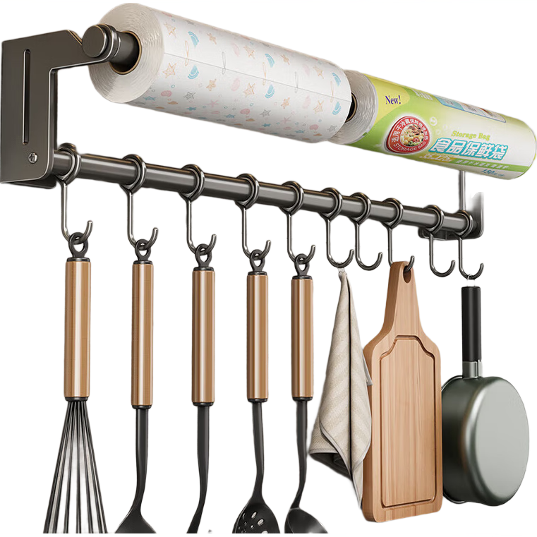 Jiadu Kitchen Hooks, Paper Towel Holder, Spoon And Spatula Rack, Wall-Mounted without Drilling, Storage Shelf, Hanging Organizer, Hook Rack