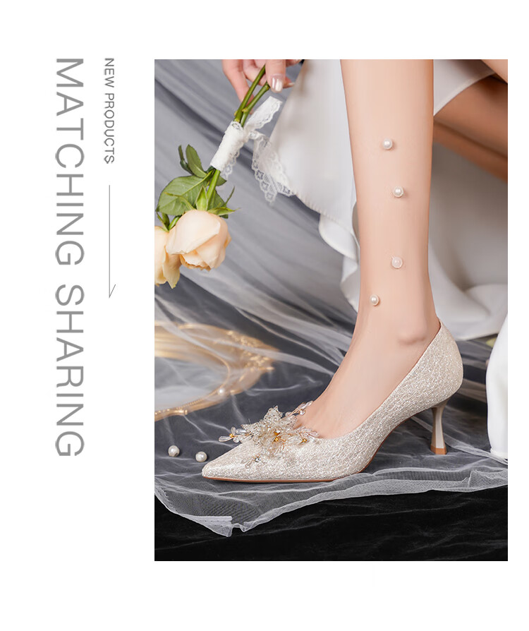 Josiny Pointed Toe Wedding Shoes for Women, Spring 2026 New Season High Heels, Bridal Engagement Shoes, French-Style Pumps, Xiuhe Wedding Dress, Champagne Gold, Size 35 3