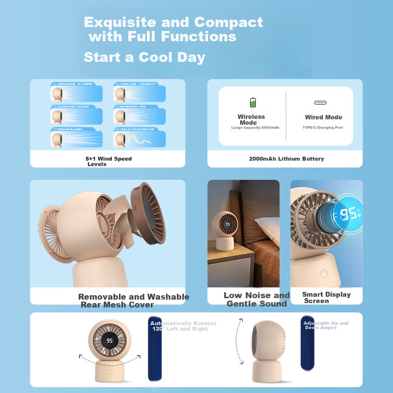 AUCMA Fengbao Small Fan, Rechargeable Electric Fan, Desktop Fan, Mini Electric Fan, Small Table Fan, USB Oscillating Fan, Small Mini Fan / Portable Oscillating Fan for Office, Dormitory, Outdoor Camping