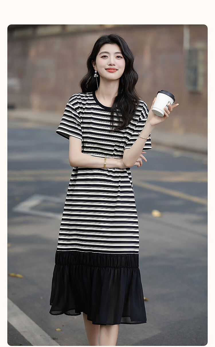 Demana High Elasticity Body-Friendly Summer Ribbed Round Neck Ruched Wave Edge Waistless Five-Sleeve Women's Dress 3
