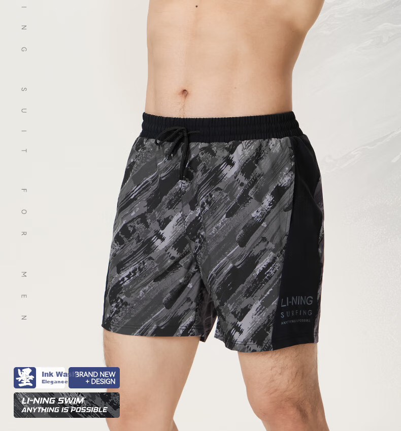 Li-Ning Men's Swim Trunks, Anti-Embarrassment Two-In Hot Spring Swim Trunks And Swimwear Set, Swimming Equipment, 0203 Black And Gray, 2XL 2