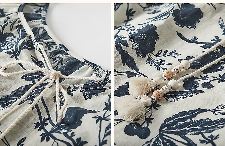 Dme [Yihua Yishijie] Summer Comfortable Pure Cotton Printed Shirt with Tie-Up Collar And Three-Quarter Sleeves Women's Blouse Top 6