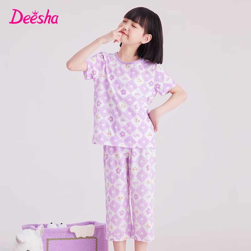 DEESHA Girls' Pajamas, Spring And Summer Thin Mesh Breathable Antibacterial Pure Cotton Air Conditioning Wear, Home Wear Set for Older Childre