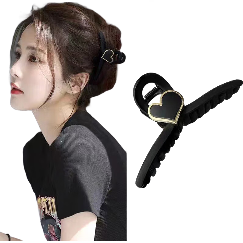 Huangjiama Matte Shark Clip Elegant Hair Clip for Women's Back of Head, Thick Hair Bun Maker, Heart-Shaped Shark Clip in Black