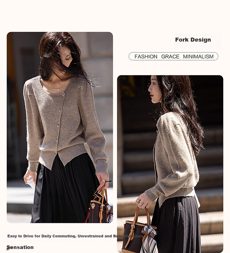 Dme [Zhonggu Mountain Tea] Spring And Autumn High-Wisdom Old Coin Style Cardigan, Slanted Doorway Collar, Knife-Necked Hem, Split Knit Sweater Women's Top 5