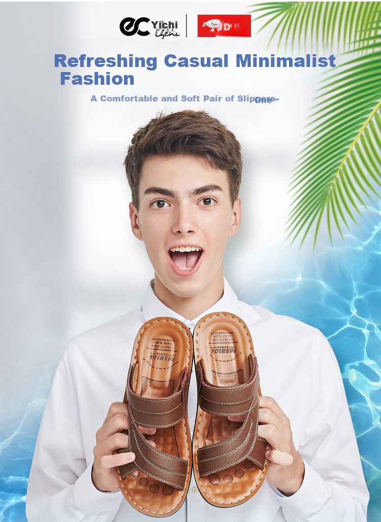 EGCHI Men's Sandals, Outdoor Slippers, Top-Grain Leather, Breathable Beach Shoes, 12129 Brown, Size 39 4