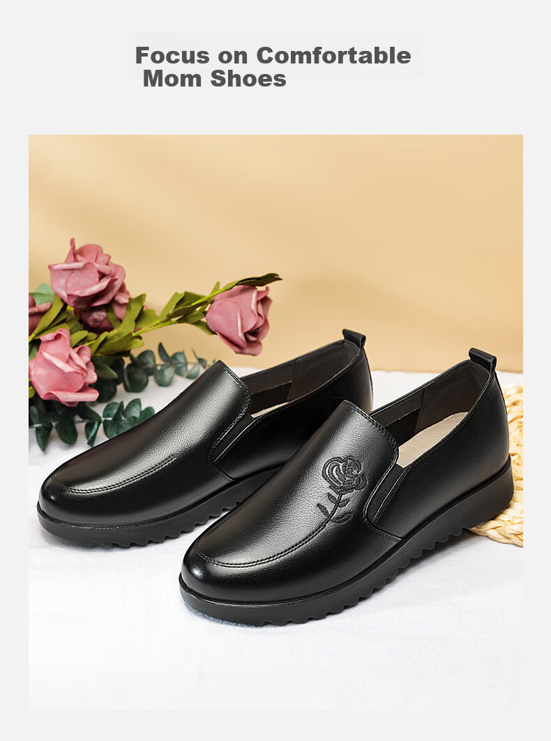 LAORENTOU Women's Flats Breathable Top-Grain Leather Round Toe Loafers for Middle-Aged Women And Mothers, Commuter Shoes, 220215N, Black, Size 40 7