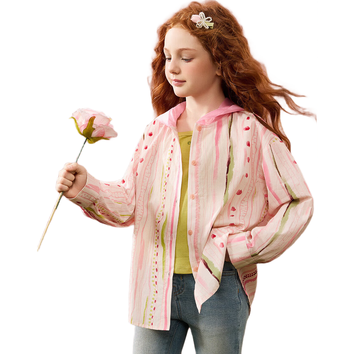 ASK JUNIOR Girls' Jacket, Summer 2026, Breathable Color-Block Hooded Shirt, Children's Casual Long-Sleeve Cardigan, Pink, Size 150
