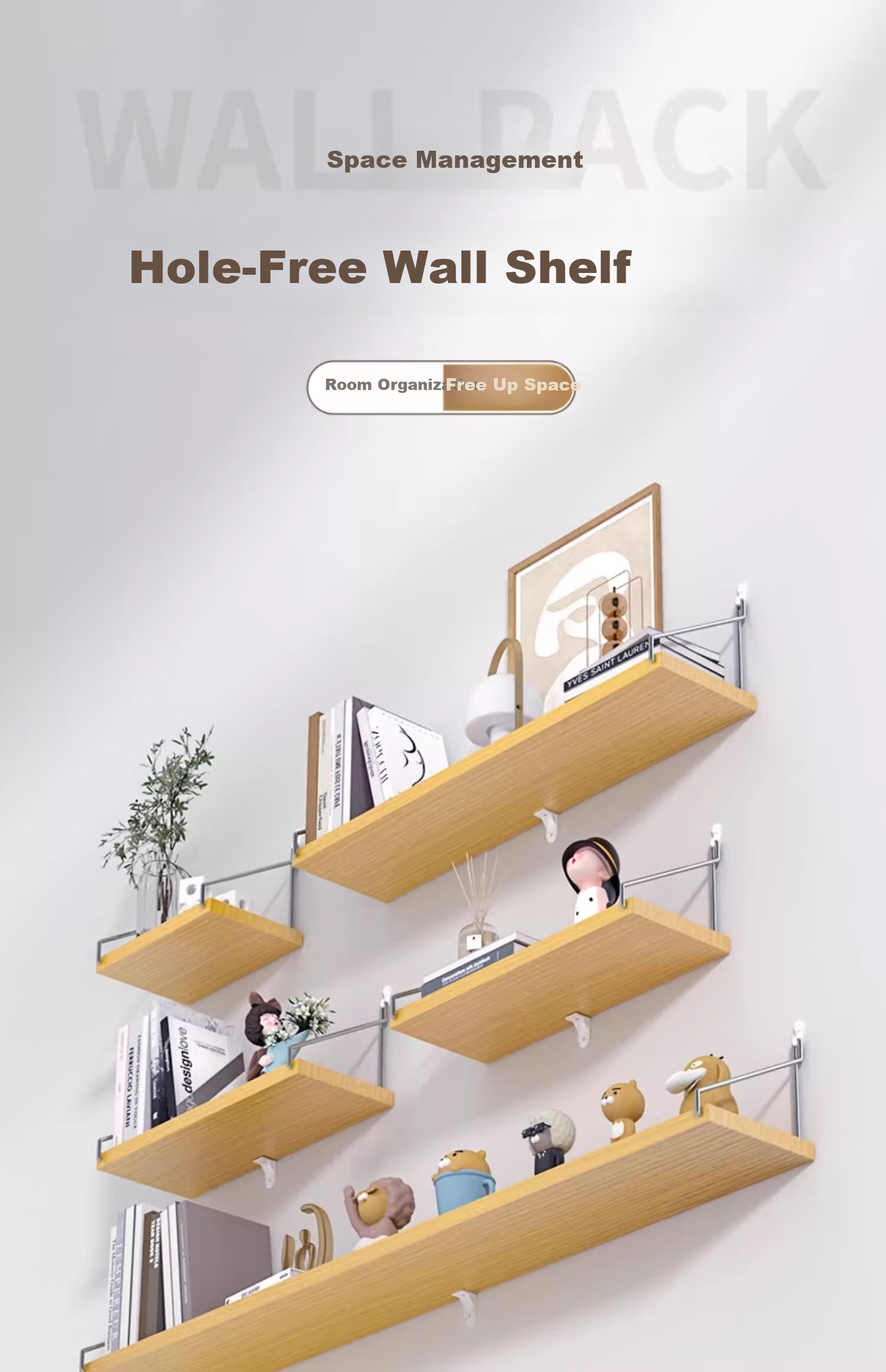 Anerya Wall-Mounted Storage Rack, No Drilling Required, Wall-Hanging Kitchen Shelf, Wooden Board Bookshelf, Storage Organizer, 60cm 1