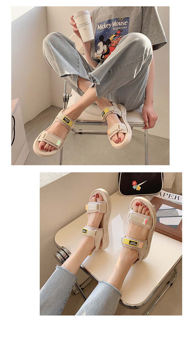 FOOTOPPO Magic Tape Roman Sandals Women Outdoor Flat Summer Comfortable Soft Sole Sports Casual Slippers 9