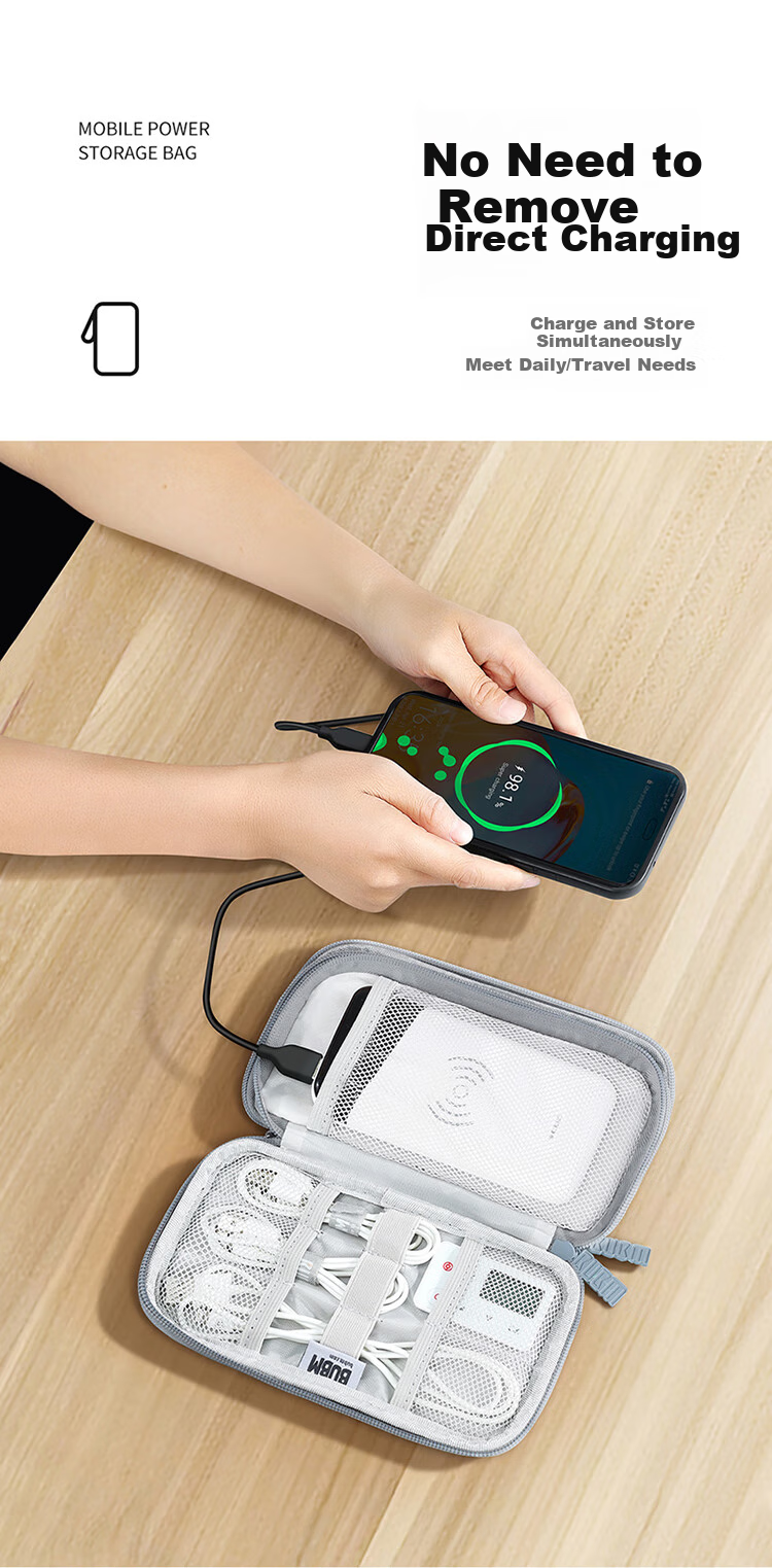 BUBM Power Bank Storage Pouch, Xiaomi 2 Romoss Portable Charger Protective Case, Multifunctional Cable Storage Box, Earphone And Digital Accessory Organizer Bag, Gray, Double-Layer 7