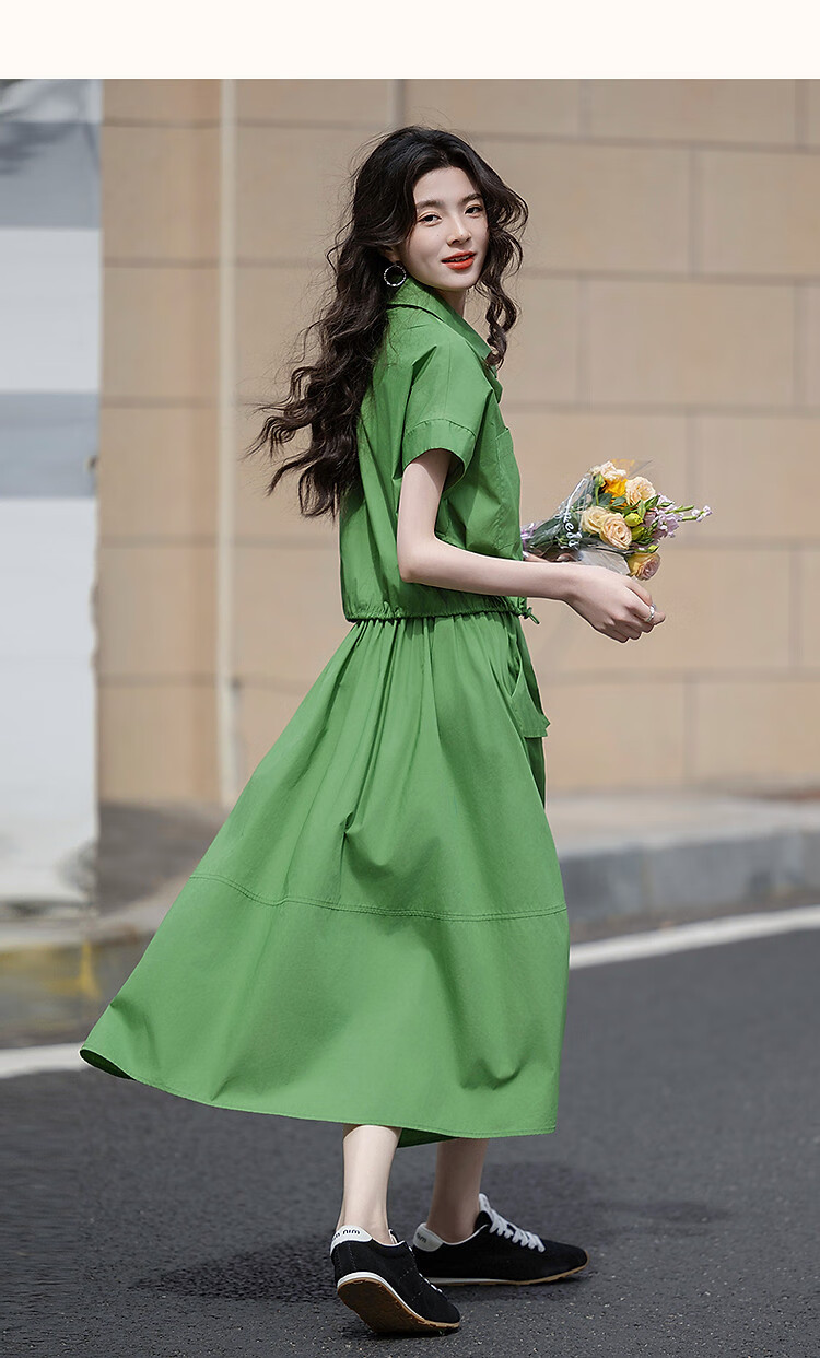 Demana 100% Cotton Poplin Set Summer Lapel Large Pocket Pigskin Button Top A-Line Skirt Two-Piece Set 6