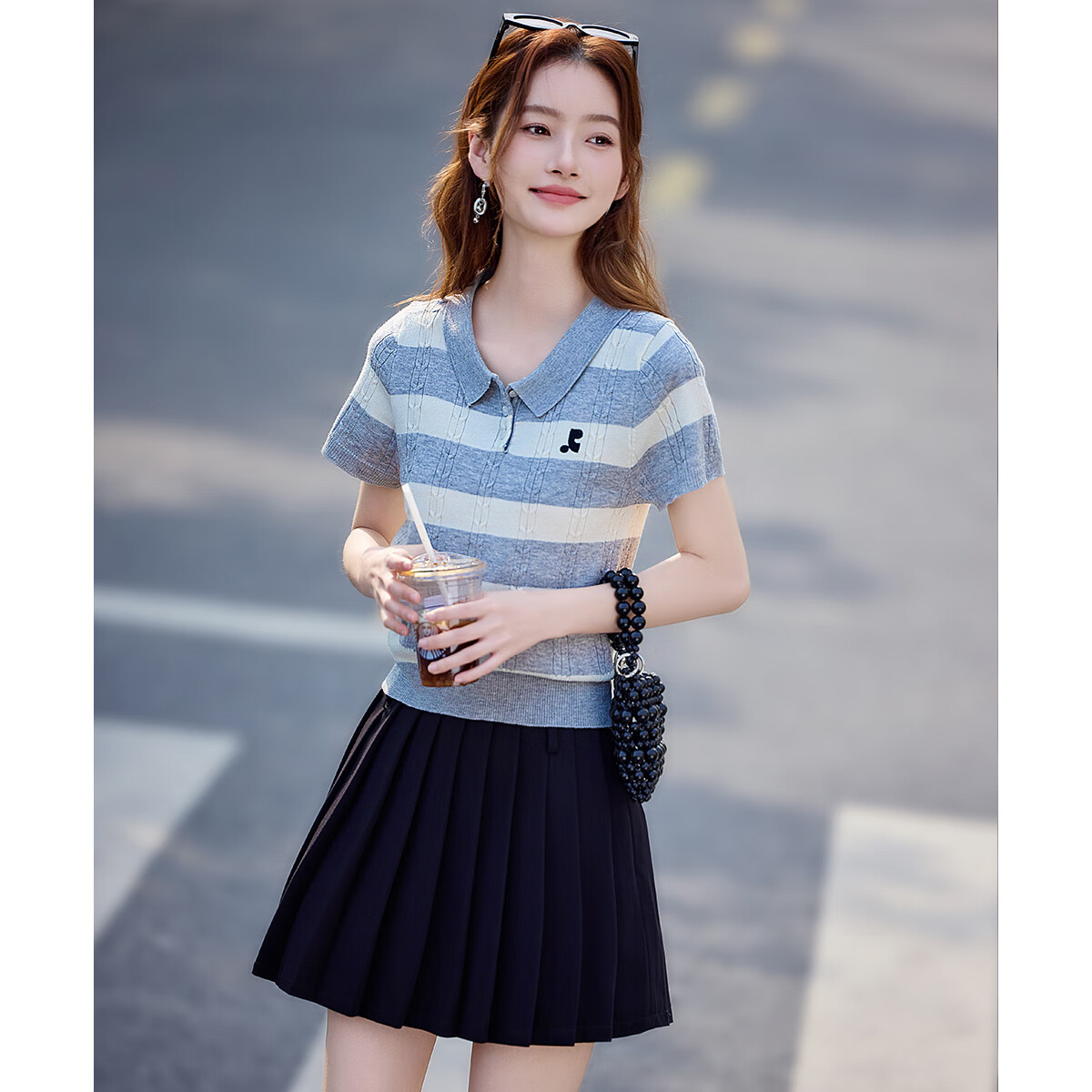 Shangjing Women's Short Sleeve Knit Top Summer New Sweet Polo Collar Slim T-Shirt 12