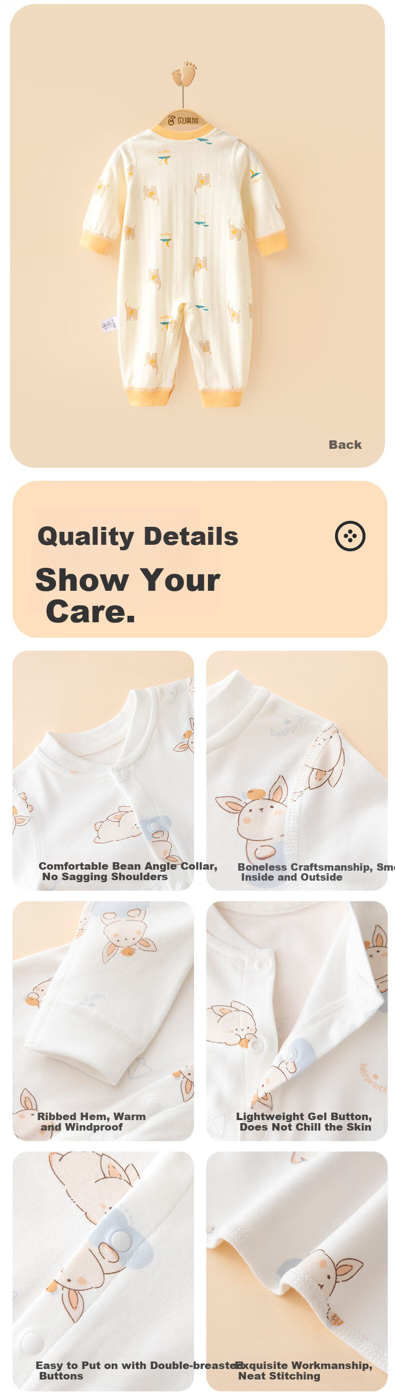Babyprints Cotton Baby Romper, Front-Opening Onesie, Long-Sleeve All-Season Underwear, Cartoon Jumpsuit, Candy Bear Design, Size 80 3