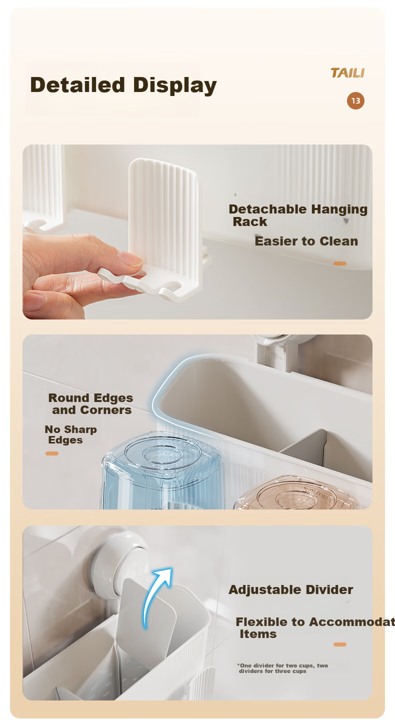 Taili Toothbrush Holder, Bathroom Wall-Mounted Mouthwash Cup Storage Rack, High-End No-Drilling Toothbrush Stand Set with Three Cups 7