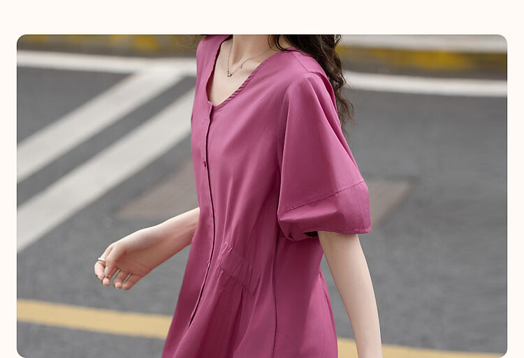 Demana 100% Cotton Summer Elegant V-Neck Elastic Waist Short Sleeve Mid-Length Slimming Women's Dress 5
