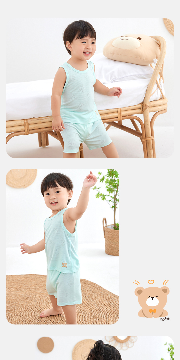 Labi Baby Children's Outfit Set 2022, Boys And Girls Baby Vest Shorts Two-Piece Set, Light Green 073 7