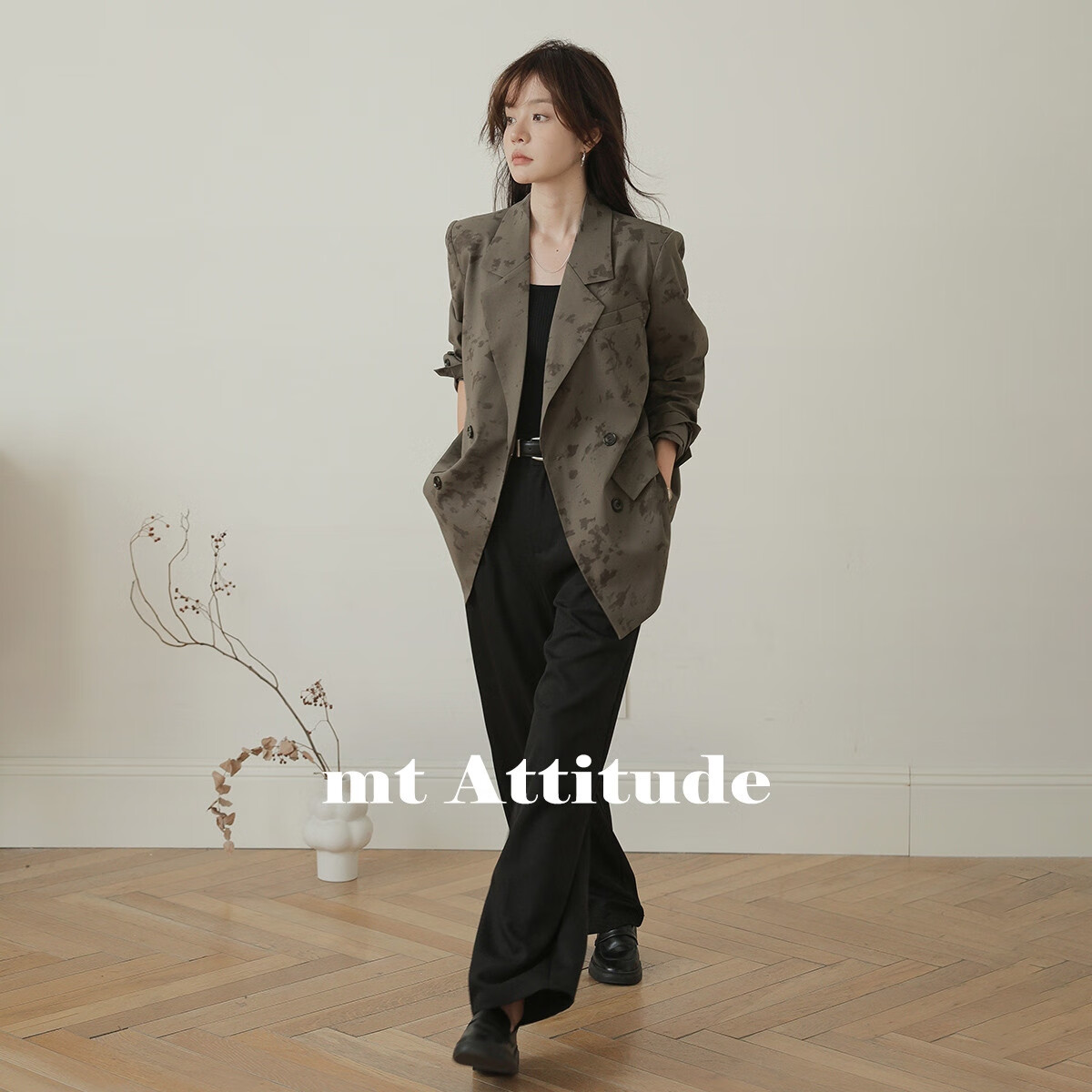 Mt [New Chinese Style Commuter Look] Autumn Texture Printed Fabric Elegant Simple Double-Breasted Blazer