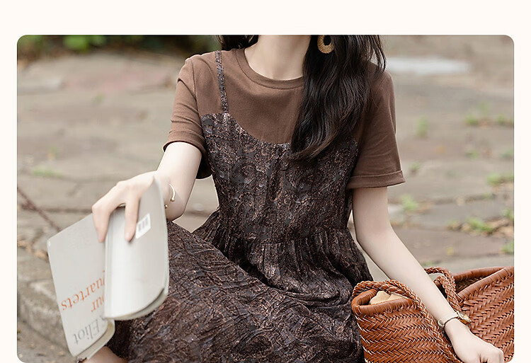 Demana Natural Crinkle Texture Summer French Romantic Faux Two-Piece Printed A-Line T-Shirt Dress for Women 2