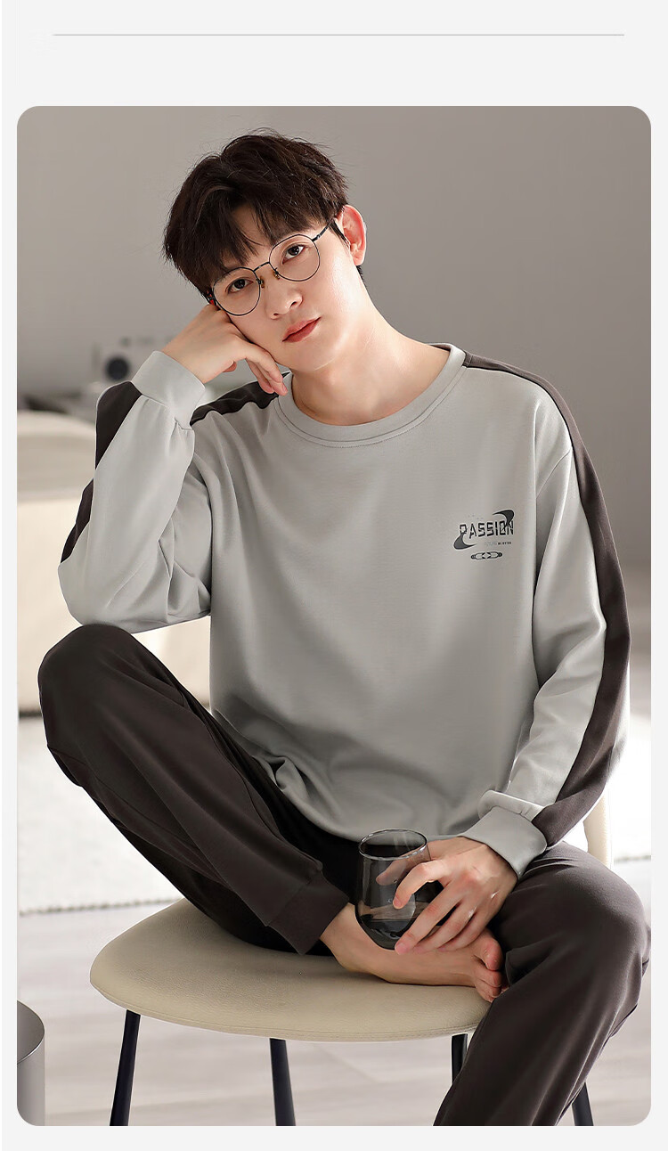 LangSha [100% Cotton] Men's Pajamas, Spring And Summer Simple Loose Comfortable Round Neck Pullover Loungewear Set, Suitable for Outdoor Wear 10