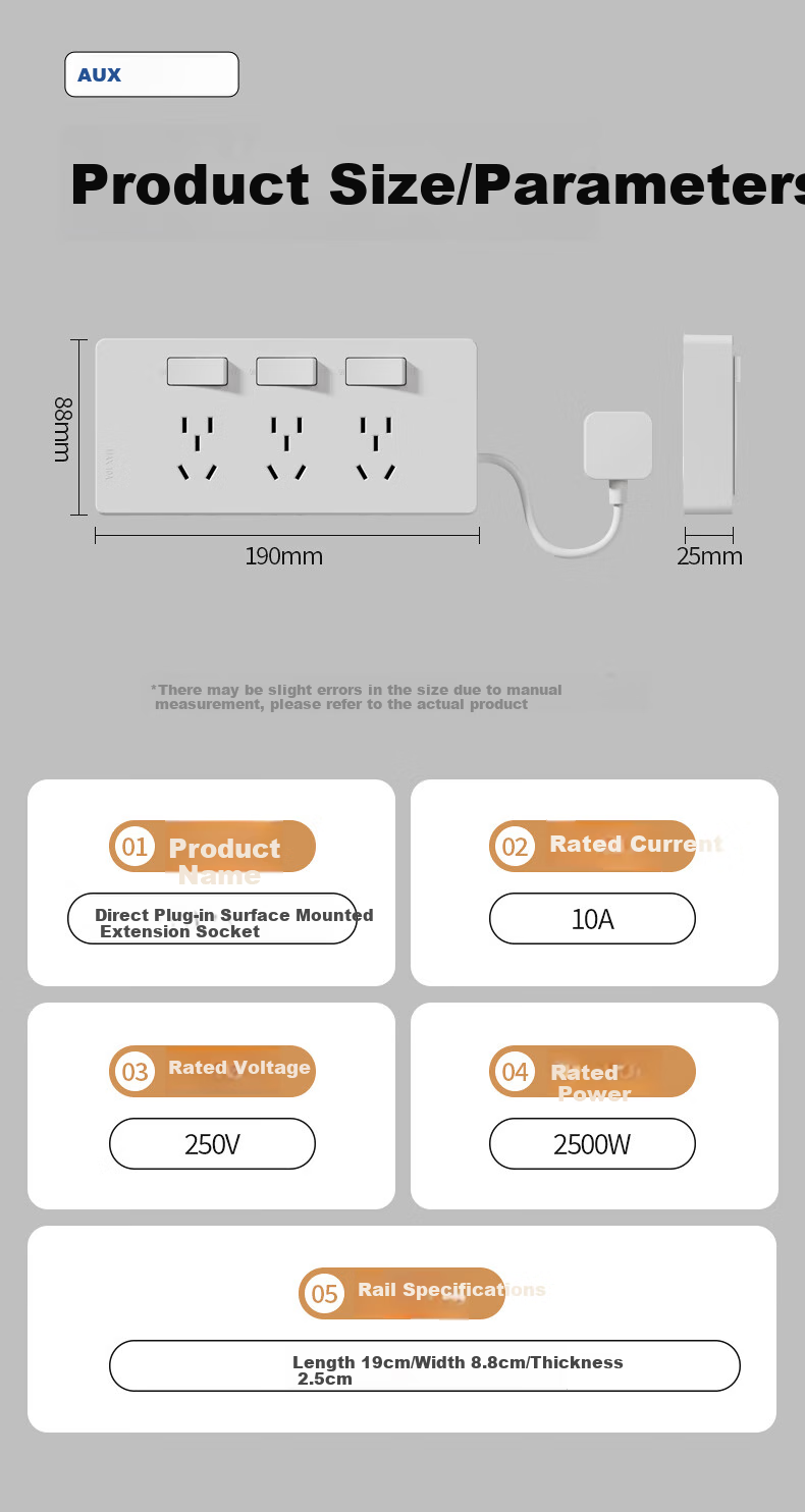 Aokesi Extension Socket with Power Cord, Multifunctional Bedroom Wall Extension Converter Socket, Kitchen Power Strip, Gray 15