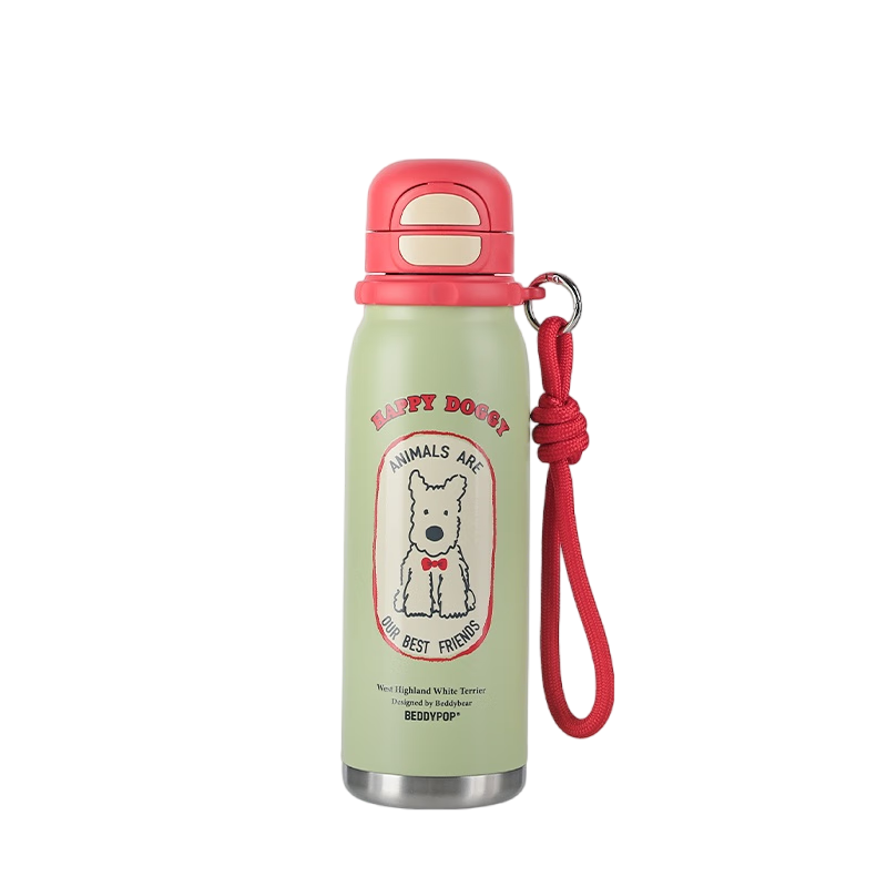 BEDDYBEAR Dual-Drinking Lid Sports Insulated Cup with Straw for Men And Women, Large Capacity Student Water Bottle, Western Highlands 600ML Red