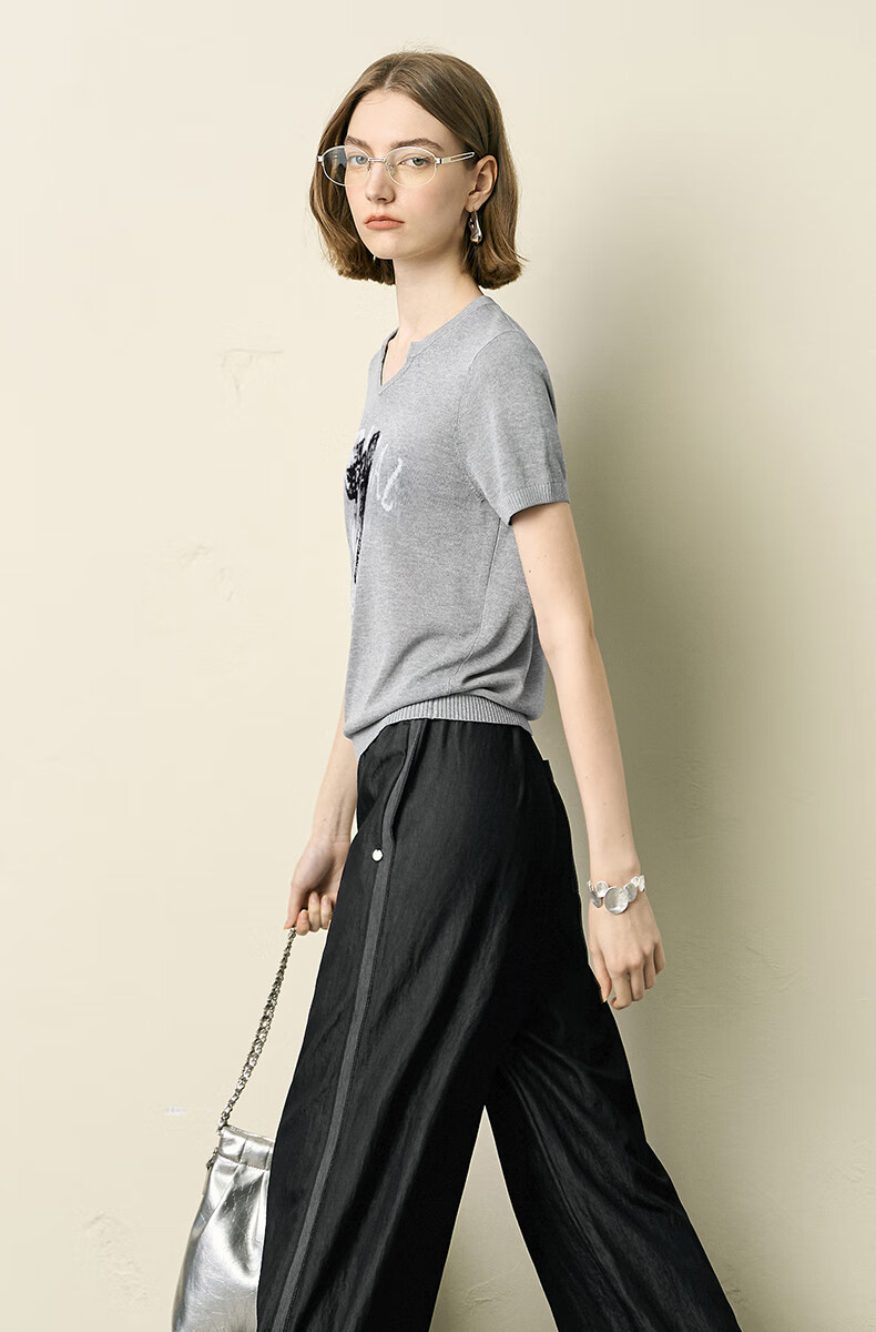 YANYEE Premium Gray Short Sleeve Knit Top for Women 2025 Summer Slim Fit Lightweight Commuter Blouse Gray 2XL 16
