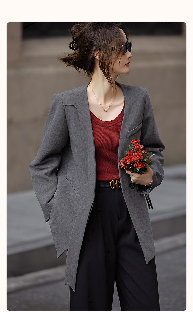Dme [Jingshuo Tongkun] Spring And Autumn Stylish Lapelless Asymmetric Turn-Down Blazer, Simple Slim-Fit Short Suit Jacket for Wome 3