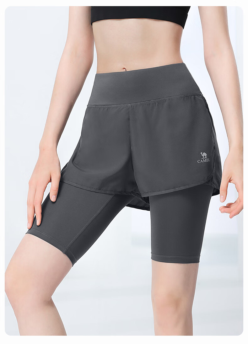 CAMEL Faux Two-Piece Quick-Dry Women's Sports Pants, Elastic Running Fitness Shorts, Y24BA4L0037M, Misty Gray, L 14
