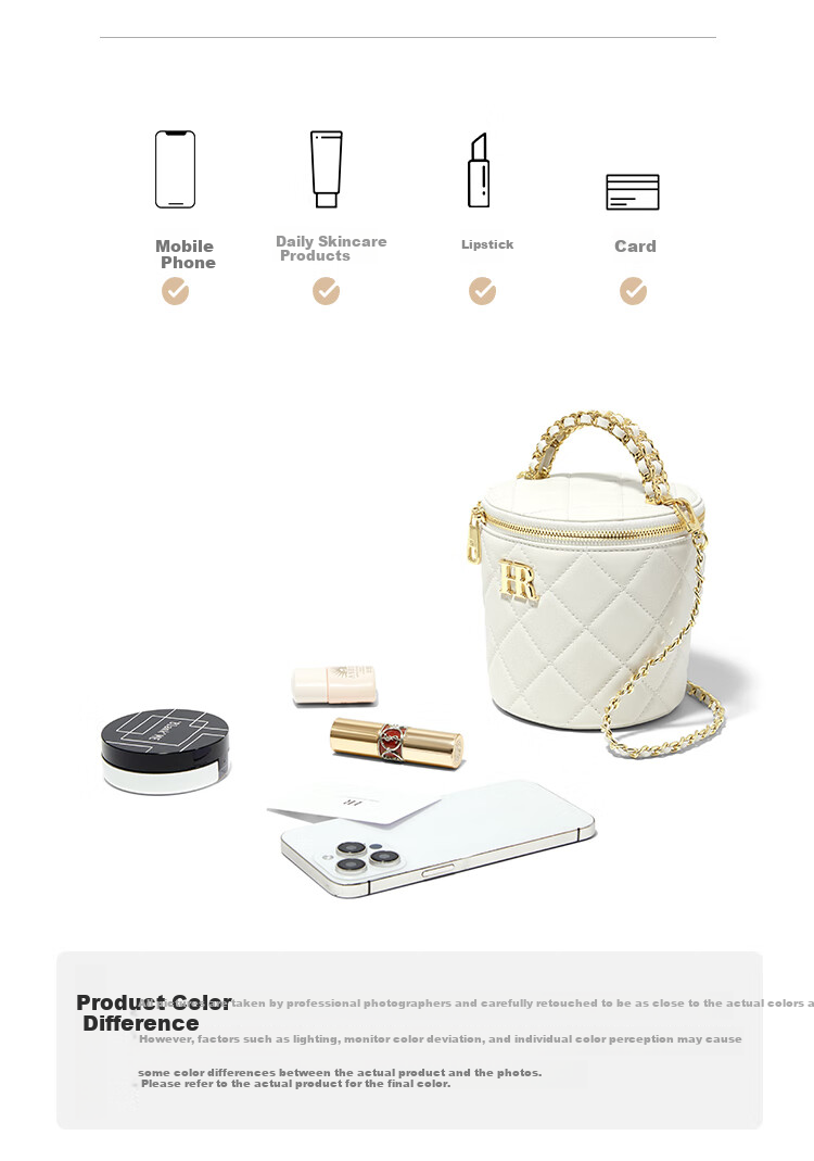 HR Women's Handbag, Top-Grain Leather Bucket Bag, Shoulder Crossbody Bag with Chain, Small Round Purse, Birthday Gift for Wome 12