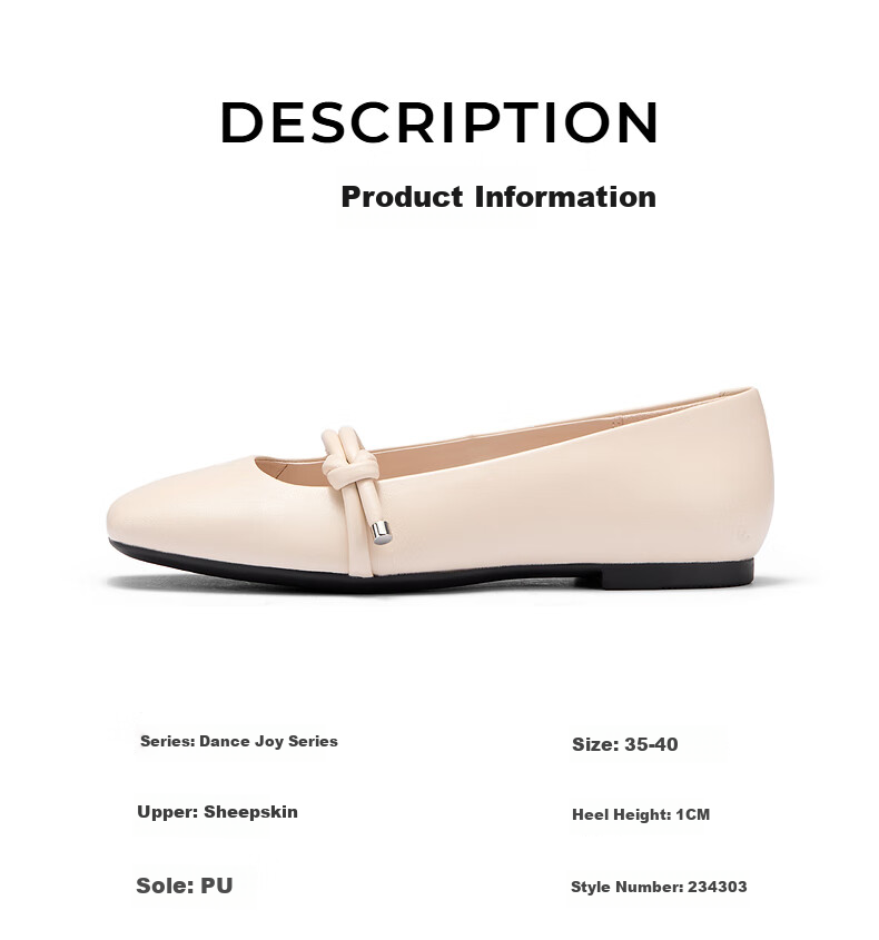 ECCO Ballet Flats, Elegant Square-Toe Lambskin Low-Cut Shoes for Women, Dance Joy 234303, Limestone Color, Size 40, HL 2