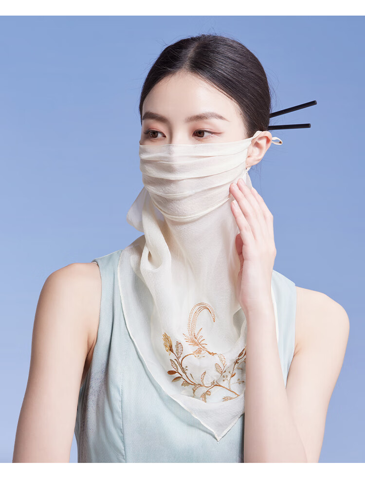 Shanghai Story Silk Protective Face Shield Women Summer Sun Protection Mulberry Silk Embroidered Sunshade Mask Veil Neck Guard Mother's Day Birthday Gift 12