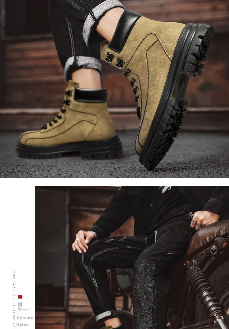 G.N.Shi Jia Men's Martin Boots, New Winter Style with Fleece Lining for Warmth, Outdoor Thick-Soled Height-Increasing Wear-Resistant Genuine Leather Work Boots for Me 10
