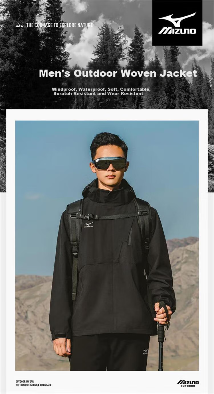 MIZUNO Outdoor Casual Jacket for Men, Windproof And Waterproof Hooded Woven Coat for Couples, Black, 2XL 1
