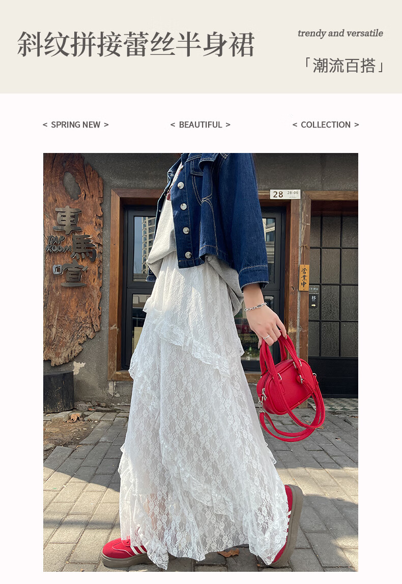 LangSha White Midi Skirt for Women, Summer New Style Versatile High-Waist A-Line Long Skirt with Design-Inspired Patchwork Lace Cake Skirt 1