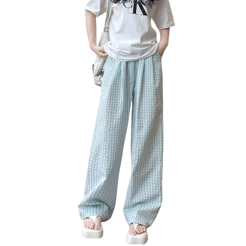 LangSha Women's Plaid Pants, Spring 2026 New Style, High-Waisted, Draping Straight-Leg Casual Yamamoto Pants, Loose-Fitting, Relaxed Wide-Leg Trousers for Strolling