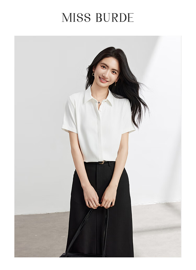 Bodexiaojie Blue Chiffon Short-Sleeve Blouse for Petite Women, Professional Work Top, Interview Formal Wear Shirt, Size L 15